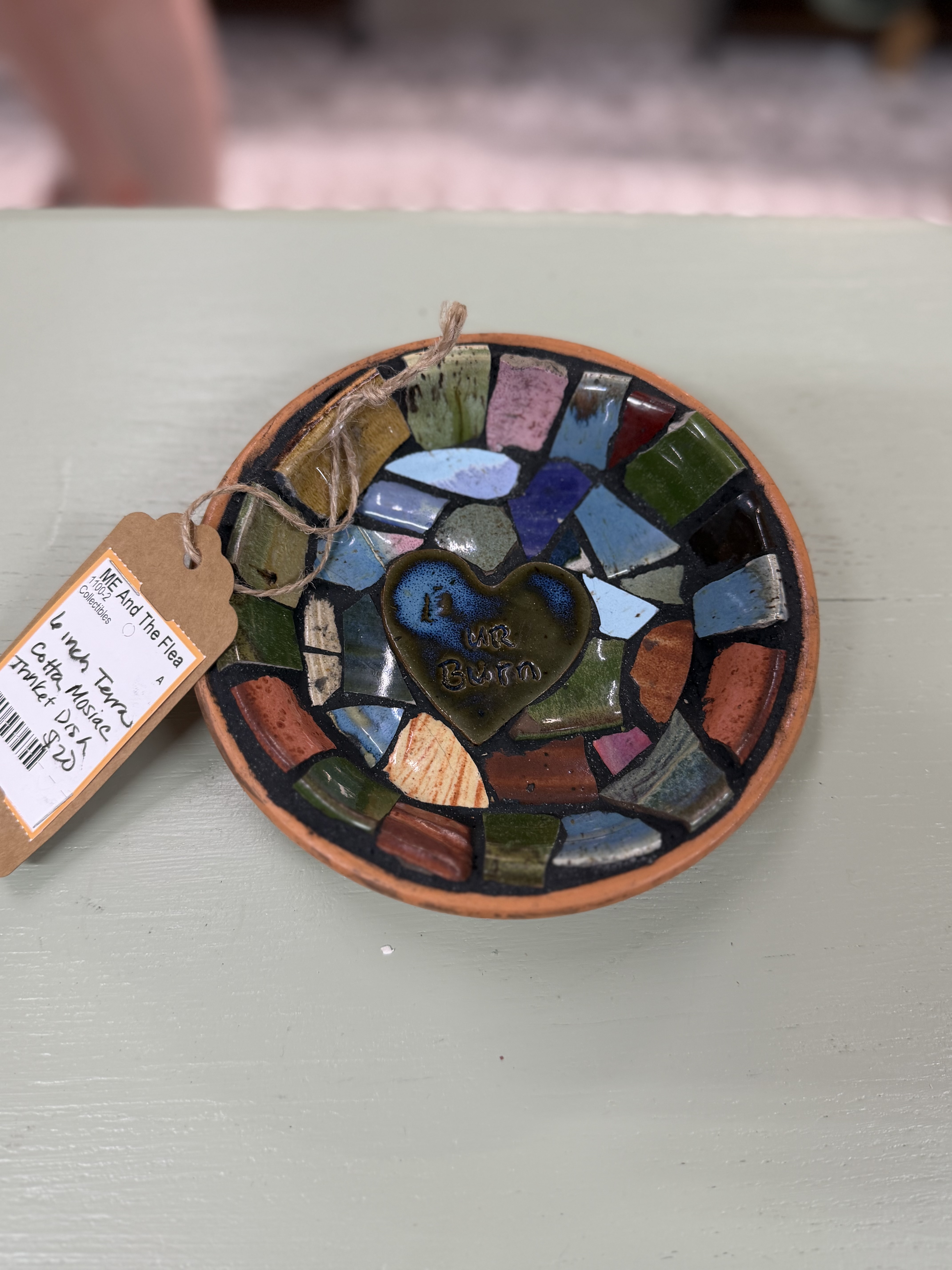 Amanda Rosenow's colorful mosaic trinket dish with a heart-shaped ceramic center